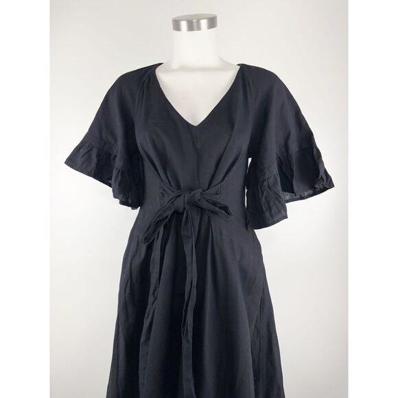 Free People XS Black Maxi Dress Bell Sleeve Tie Waist Cotton Linen Boho V-Neck - Picture 2 of 6